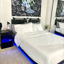 Floating Platform Full Size Bed With LED And End Table $350
