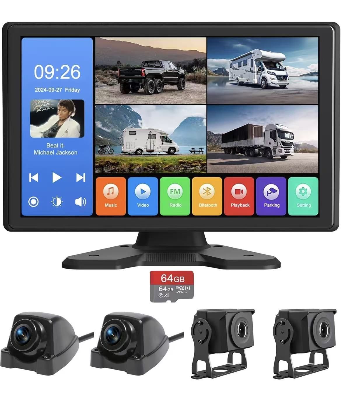 4 Channel Backup Camera System,Touchable 10.26 inch Monitor with DVR Stereo, 64GB Card, IP69 Waterproof, Nightvision 1080P Backup Camera for RV/Truck/