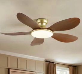 Rennnsan Solix 51.2 in. Vintage Gold and Walnut Flush Mount Farmhouse Standard Ceiling Fan Light with Integrated LED and Remote