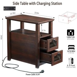 Farmhouse XXL End Table with Charging Station, Narrow Side Table with USB Ports and Outlets, Nightstand with 2 Drawers Storage, Bedside Tables for Liv