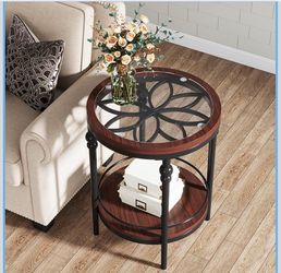 2-Tier Round End Tabl es with Storage Shel f, Farmhouse Accent Tab le Coffee Tea Tab le for Living Room, Bedroo m, Rusitc Brown & Black