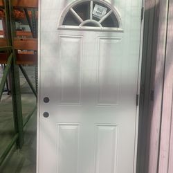 New Fiberglass Exterior Front Door w/ Half Moon Glass – 20 Year Warranty