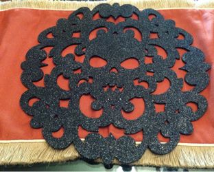 HALLOWEEN Set Of 2 Black Shimmering Skeleton Placemats