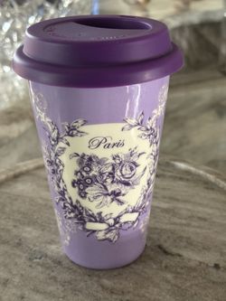 Paris French Country Floral Purple Ceramic Travel Coffee Mug With Silicone Lid