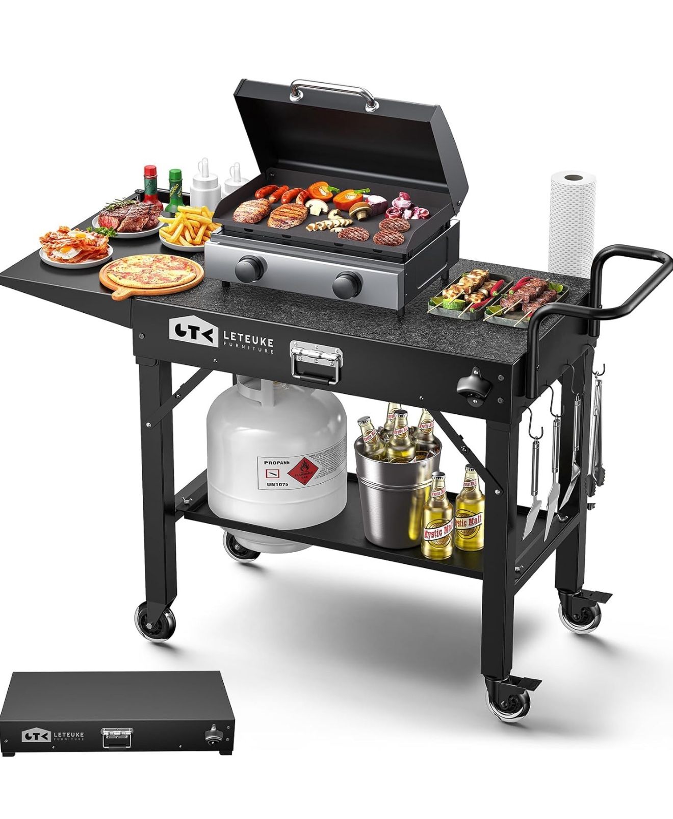 Leteuke Grill Cart for Blackstone Griddle, Portable Outdoor Grill Table, Foldable Cart Table with Wheels for Ninja, Griddle Stand Fit 17 Inch Or 22 In