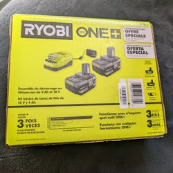 RYOBI ONE+ 18V Lithium-Ion 4.0 Ah Battery (2-Pack) and Charger Kit.