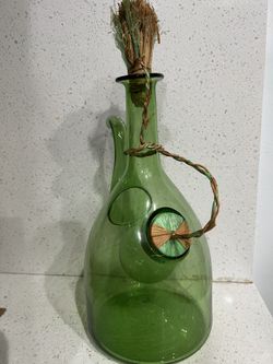 Vintage Italian Hand Blown Green Glass Wine Decanter With Ice Chamber- Stoppers