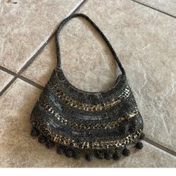 Elegant Brown and Black Beaded Flapper Evening Bag