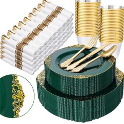 Nervure 350Pcs Green Plastic Plates, Plastic Dinnerware Set for 50 Guests 50 7.5" Dessert & 50 10.25" Dinner Plastic Plates, 50 Pre Rolled Cutlery Set