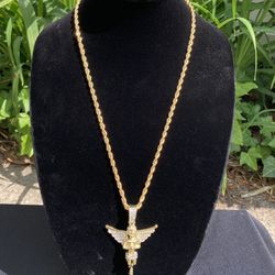 Gold Chain Rope Chain Necklace 24in 4mm And Icy Angel Pendant Set 