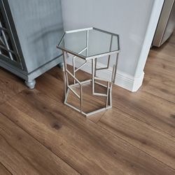 Silver Metal Accent Table With Glass Top