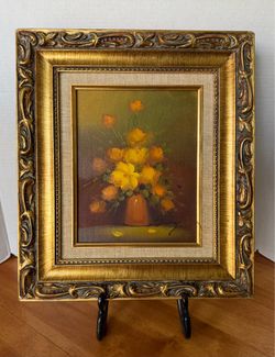 Vintage Signed Floral Oil on Board. 16” by 14”. Framed