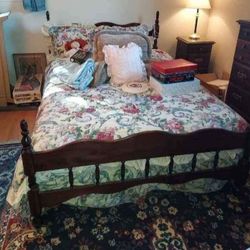 Bedroom Set Cherry Finish (Not Cherry Wood) Full Bed Frame Tall Dresser Long Dresser End Table