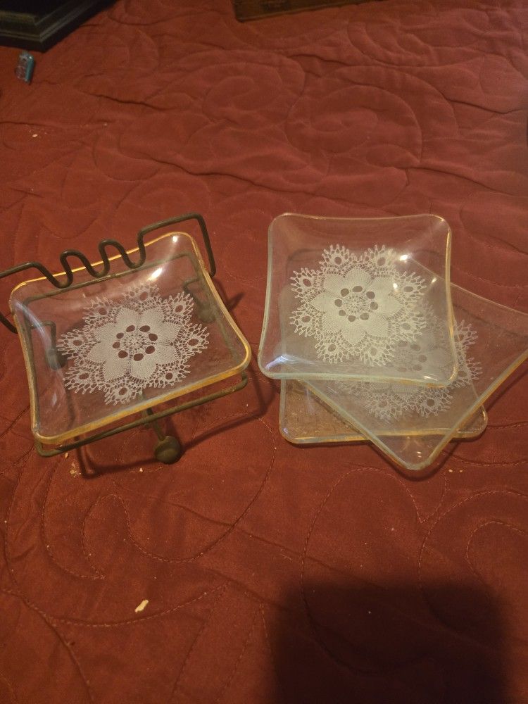 1950s Mid Century Modern Dish Ashtray Set With Stand Set of