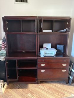 Wooden Desk/Shelving With Cabinets And Drawers