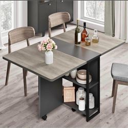 FoldingTable, Drop Leaf Dining Table with 6 Wheels and 2-Layer Storage Shelf, Space Saving Table for