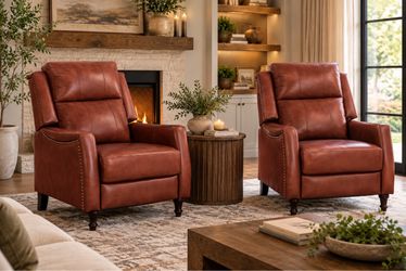 Set Of 2 Hania Dark Reddish Brown Genuine Leather Recliner Chair Arm Chair with Rivets and Retractable Footre
