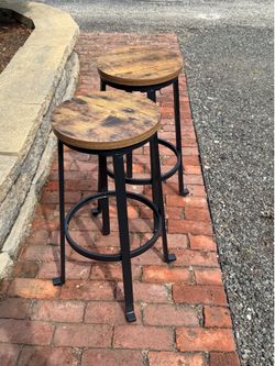 Pair of Rustic Modern Bar Stools (Black Metal / Wood Seat)