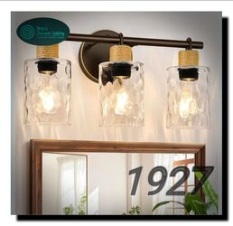 MOKATNG Bathroom Light Fixtures, 3-Light Coastal Vanity Lights with Crystal Glass Shade, Oil-Rubbed Bronze