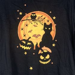 New Halloween Sweatshirt Black Size Large Kitty Cat Bats Owl Pumpkin Jack-o-Lantern