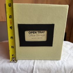 Sturdy Fabric-covered open tray office storage box/label holder.