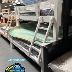 Complete Bunk Bed Premium White Twin/ Full With Both Mattresses Litera Blanco 