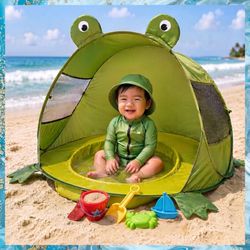 Portable Frog Beach Tent Canopy for Babies, w Mini Splash Pool, UPF 50 UV Protection. New, in box.