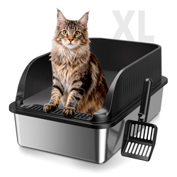 Stainless Steel Cat Litter Box, Extra Large XL Odor Free Metal Litter Box with High Sides Lid, Open Top Litter Pan Includes Scoop