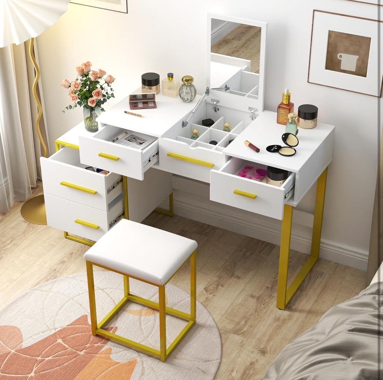 Dressing table 4 Drawer Makeup Vanity Set with Mirror - Particle Board + MDF, Ample Storage & Ideal Gift, White
