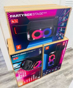 Powerful JBL PartyBox Stage 320 speaker. In original box. Speaker has futuristic lightshow, multi-speaker connection, and dual mic and guitar inputs. 