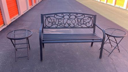 Patio/Garden Bench & 2 Metal Side Tables