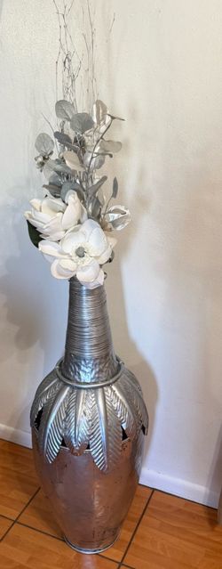 Large Silver Metal Floor Vase with Artificial Flowers