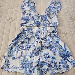 White Floral Blue Printed Ruffle Romper