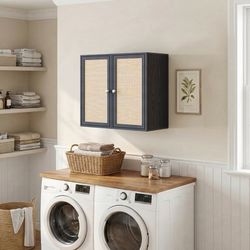 Black Wall Cabinet with Rattan Doors — Adjustable Shelving
