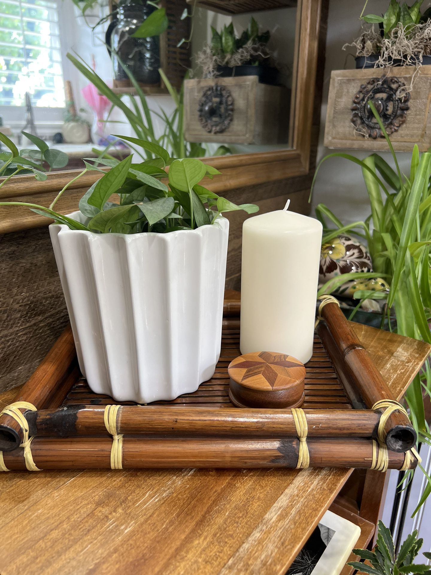 Vintage Boho Bamboo Wood Slat Dark Brown Serving Trinket Tray Plant Pot Stand Riser Retro Organizer 
