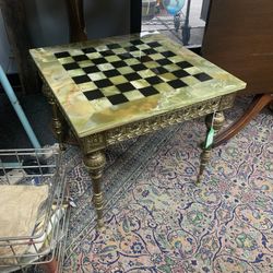 Rare Green Onyx & Gold Metal Chess Table