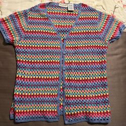 Vintage Y2K Crochet Rainbow Knit Button Front Short Sleeve Cardigan Large 12/14