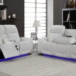  Reclining sofa and loveseat with Bluetooth speakers and LED lighting 