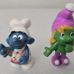 2 Vintage Smurfs PVC Greedy Smurf Pastry Chef Reyo 1983 Empire The Gnome 1978