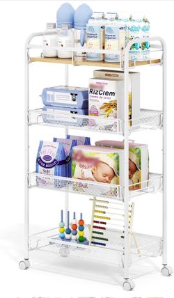 TOOLF 4-Tier Rolling Cart, Metal Utility Cart, Slide Out Storage Cart with Wooden Tabletop and Mesh Baskets, Easy Assemble Trolley for Kitchen Bathroo