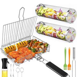 Grill Basket,11PCS Rolling BBQ Grilling Basket Set,Stainless Steel Large Folding Barbecue Grilling Baskets With Handle,Portable Outdoor Camping Rack F