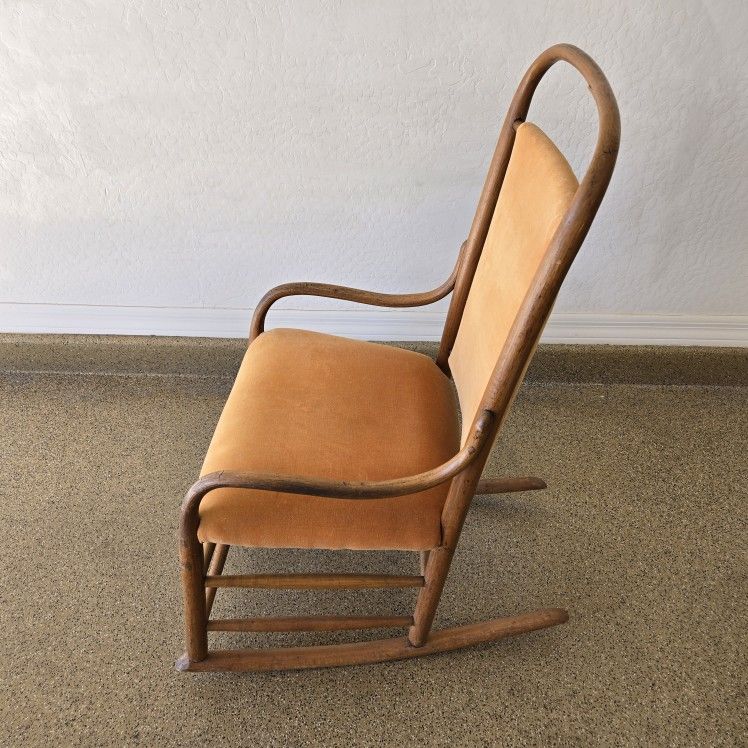 Vintage Bentwood Rocking Chair Shaker Style Padded Gold Fabric Seat Back 1970s