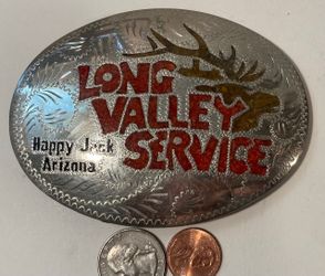 Vintage Metal Belt Buckle, Silver and Red Crushed Turquoise Stones, Happy Jack, Arizona, Long Valley Service, Elk, Wildlife, Nice Western Design,  4" 