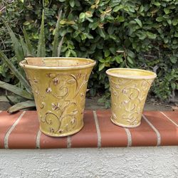 Set of 2 Tuscan Style Ceramic Planters – Yellow Scroll Design NEW in box