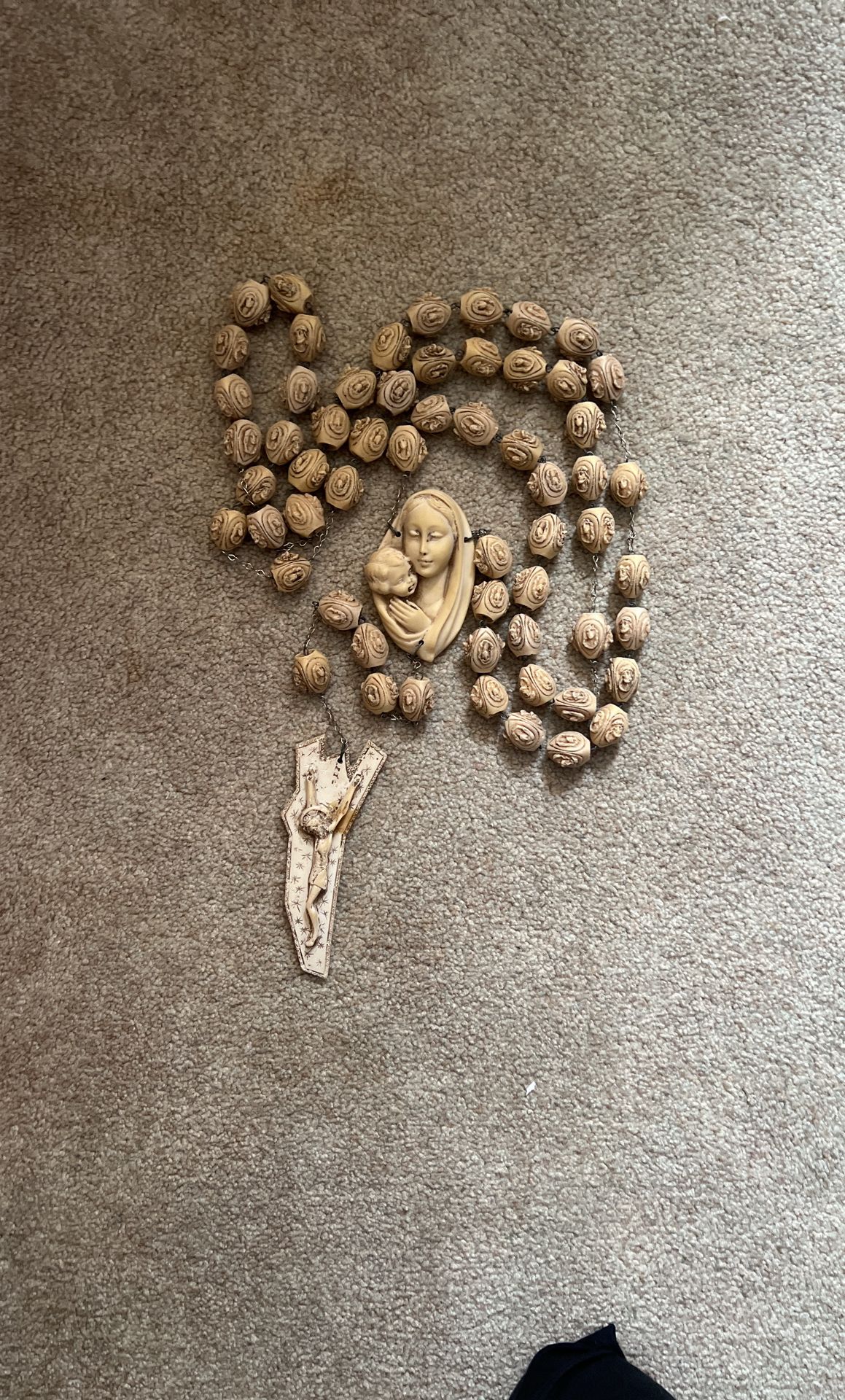 Vintage Italian Rosary Mother Mary Oval Jesus Cross Beads LARGE 63”+ Heavy Religious