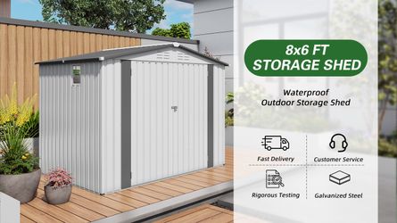 8X6 FT Metal Outdoor Garden Storage Shed, Tool Shed with Pitched Roof Waterproof with One Window and Two Lockable Door, Metal Tool Shed for Garden Too