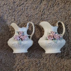 Set Of 2 Vintage Small Porcelain Creamer Pitchers