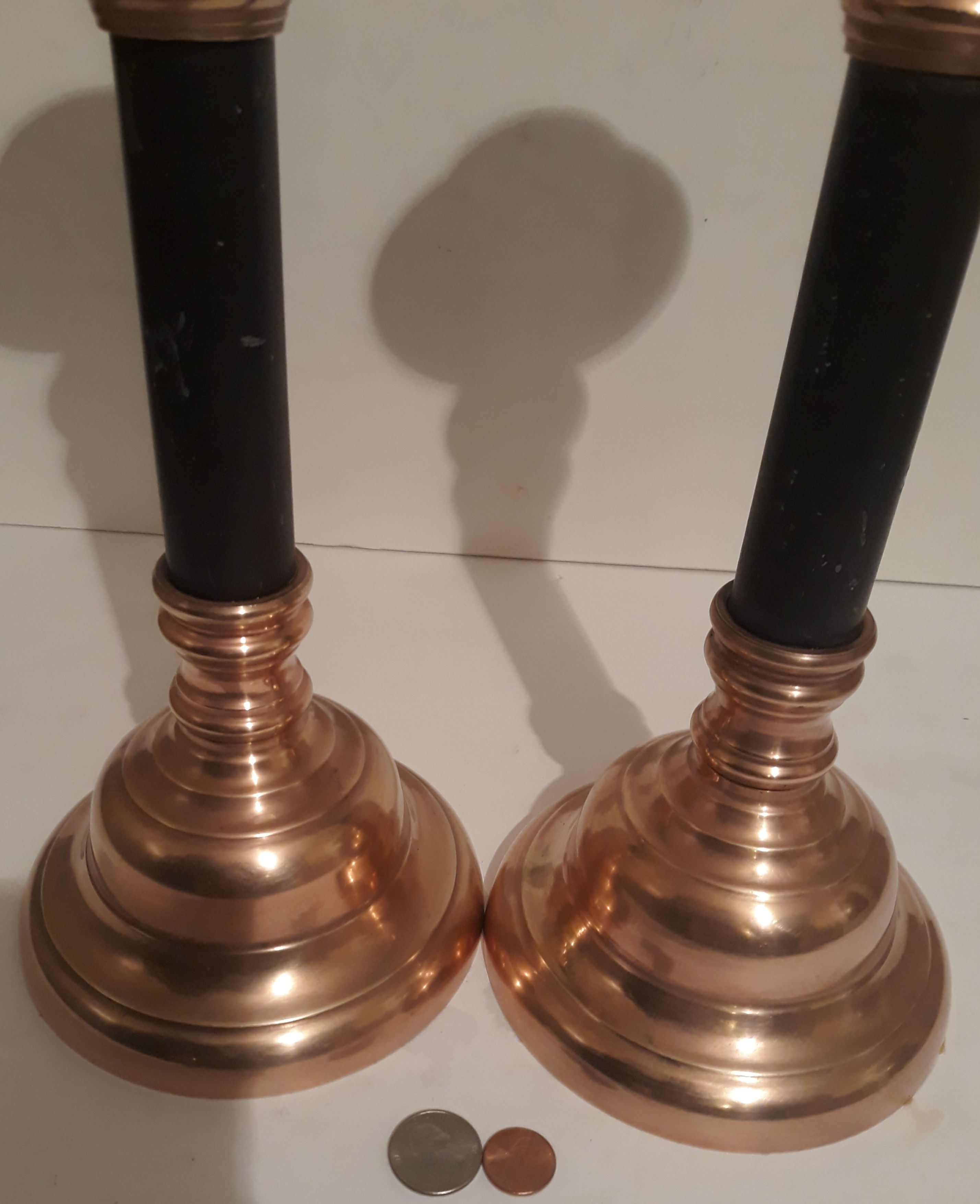 Vintage Metal Brass Set of 2 Candlestick Holders, 14" Tall and 5 1/2" Base Size, Holds 2" Candles, Table Display, Home Decor, Shelf Display