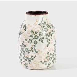 Beige and Green Vintage Rustic Ceramic Vase,