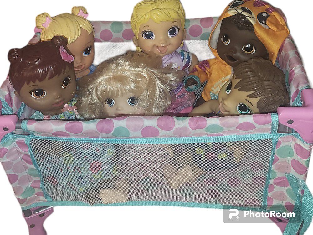 6 Assorted Baby Alive Brand Dolls And Playpen